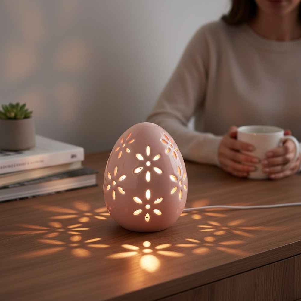 Festive Voice Ceramic Egg Light Up Small Pink New 1pc Floral Cutout